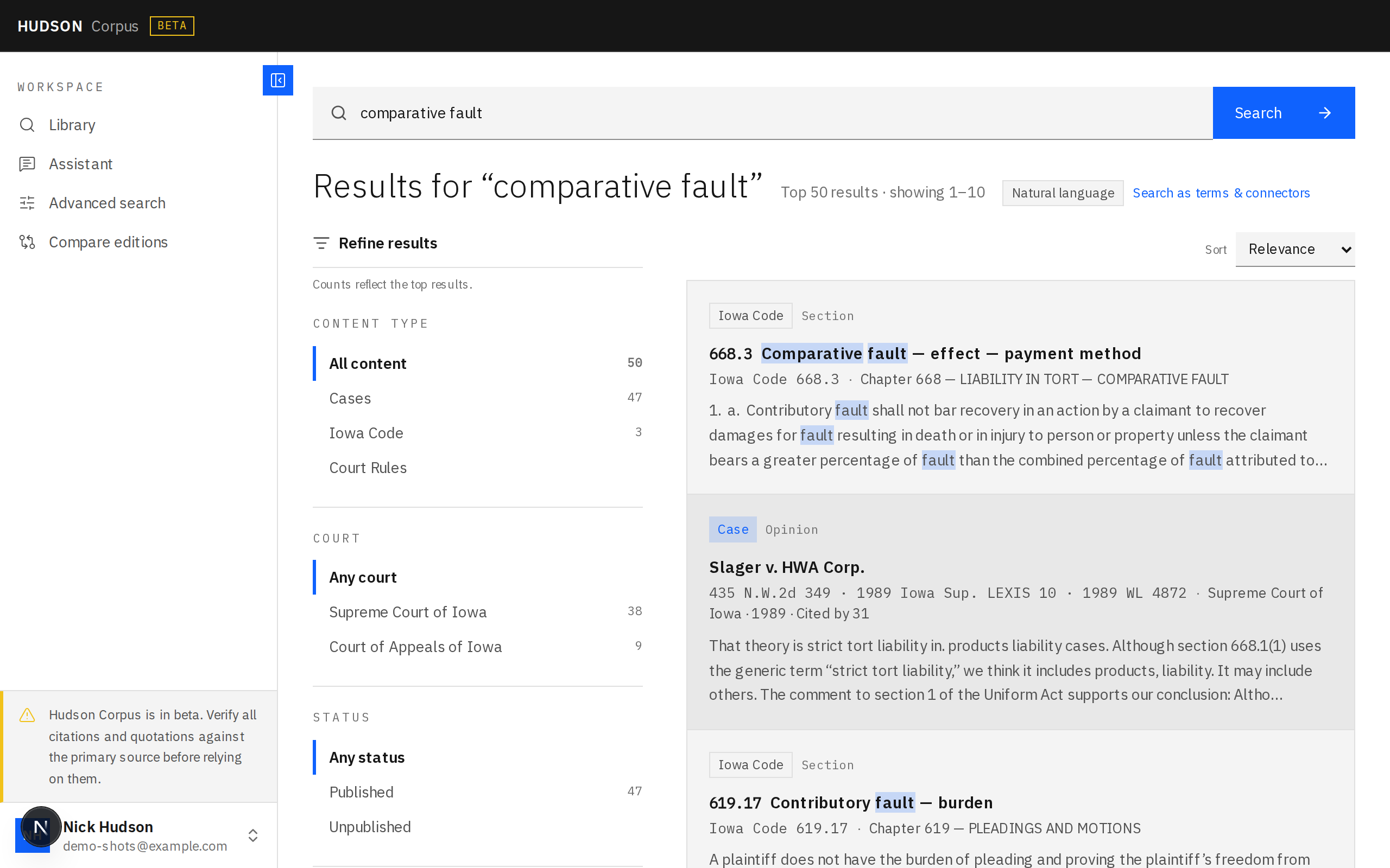 The Hudson Corpus search results view